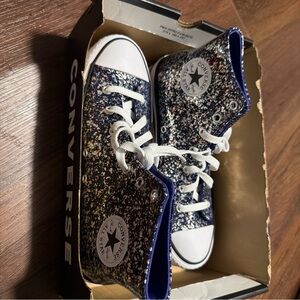 Converse A10043C All Star Glitter Junior Girls Sneakers In Navy Sz 5